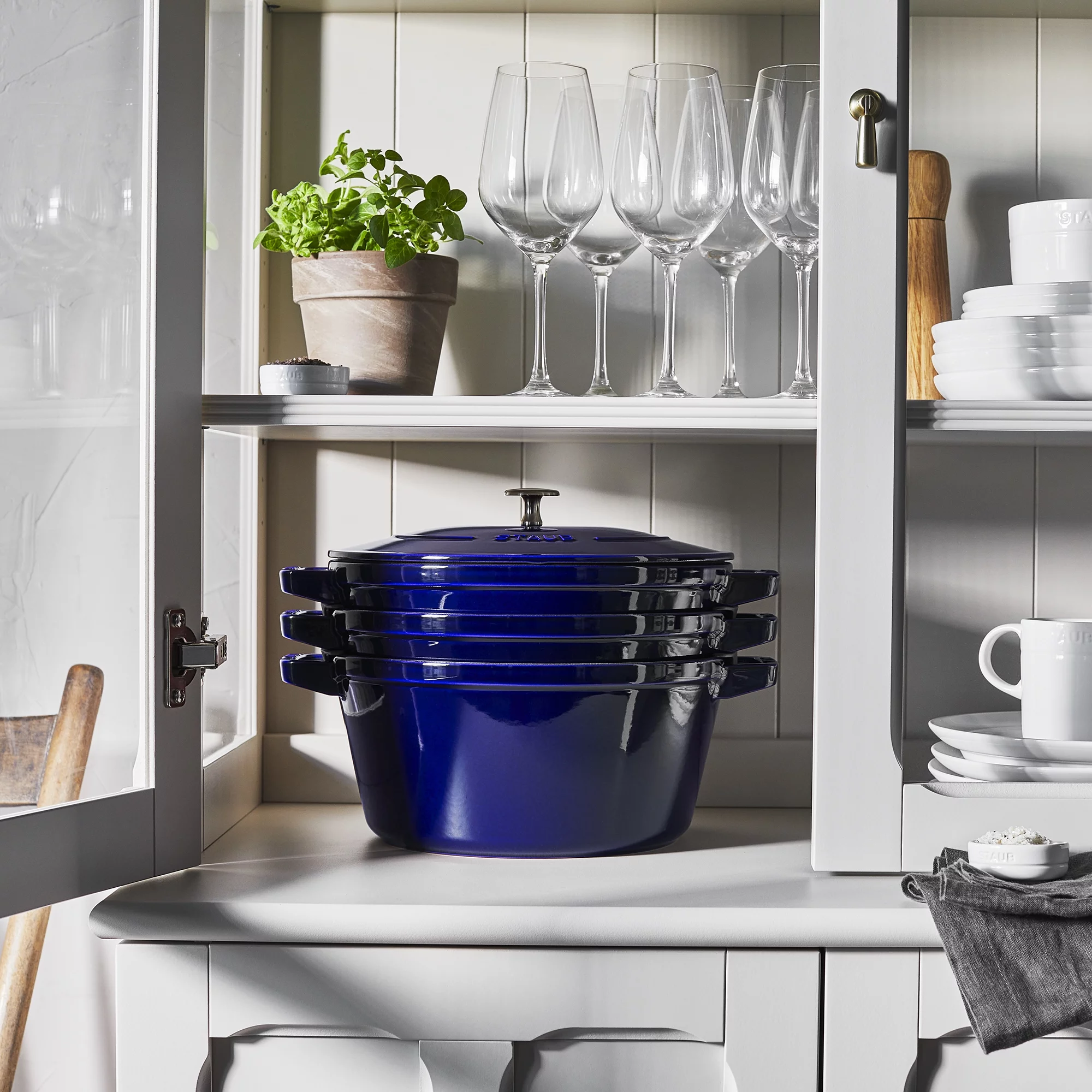 STAUB Cast Iron Set 4-pc, Stackable Space-Saving Cookware Set, Dutch Oven with Universal Lid, Made in France, Dark Blue