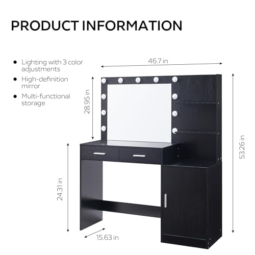 Vanity Desk with Mirror and LED Light Strip,Dressing Table with Large Drawer, 3 Level Storage Dresser & 3 Lighting Modes Adjustable Brightness