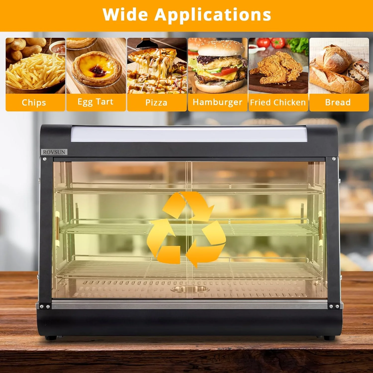 ROVSUN 35" Pizza Warmer Food Warmer Display, 3-Tier Electric Food Warmer Commercial Countertop w/LED Lighting Adjustable Removable Shelves Glass Door