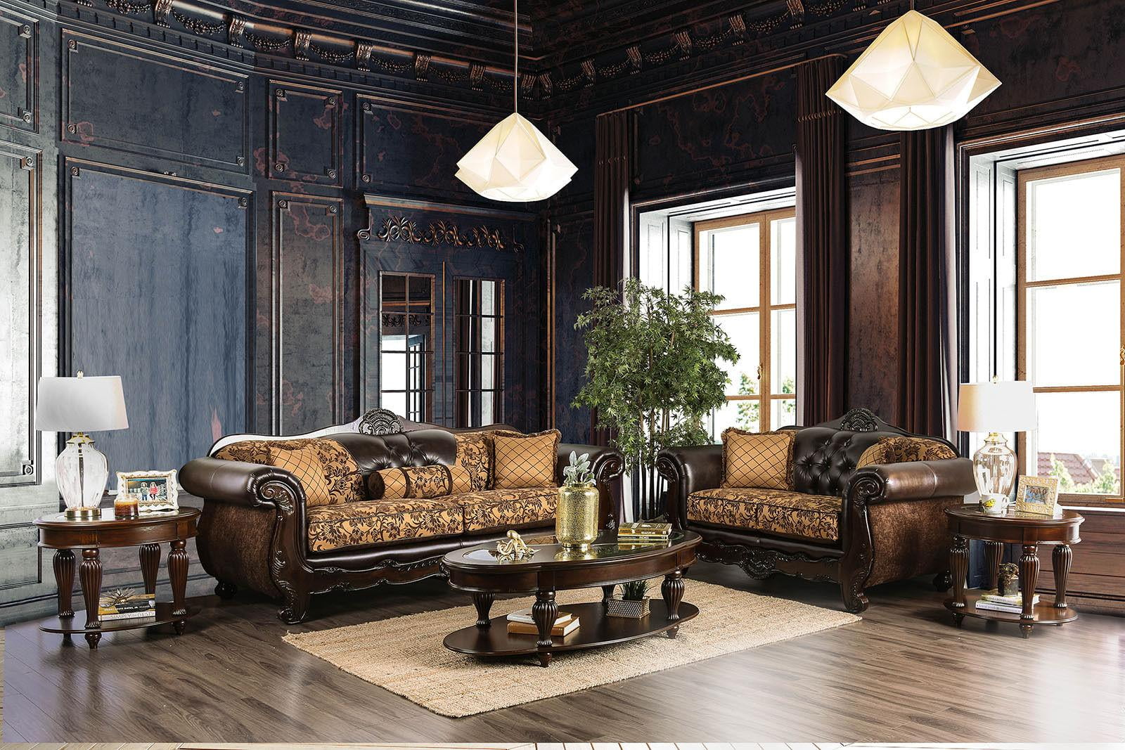 Traditional Tan & Dark Brown Chenille Sofa and Loveseat FOA Quirino