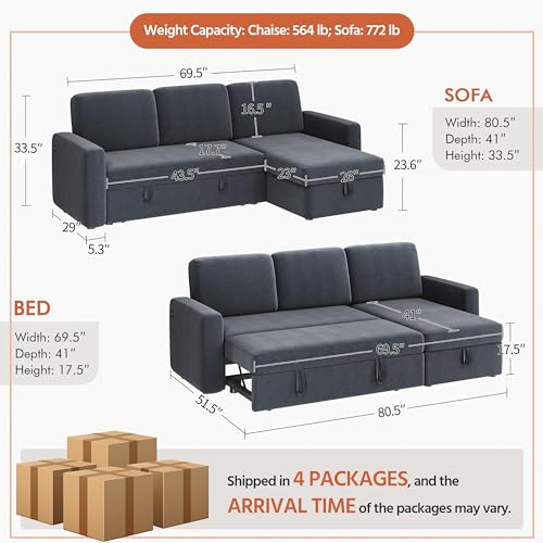 Yaheetech Sectional Sofa L-Shaped Sofa Couch Bed w/Chaise & USB, Reversible Couch Sleeper w/Pull Out Bed & Storage Space Living Room Black