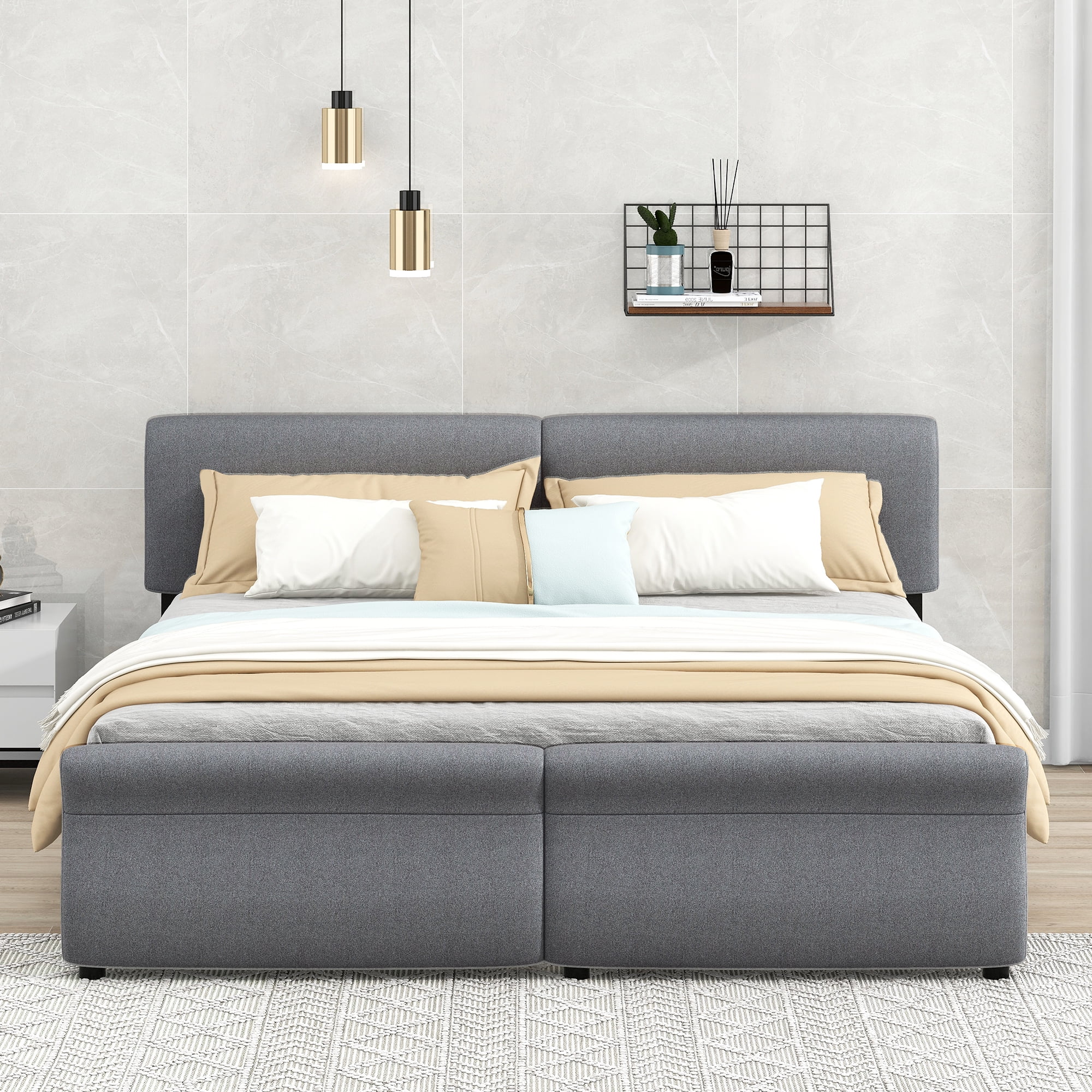 mountright King Size Linen Upholstered Platform Bed with Headboard and 2 Drawers, Platform Bed Frame with Wood Slat Support, No Box Spring Required