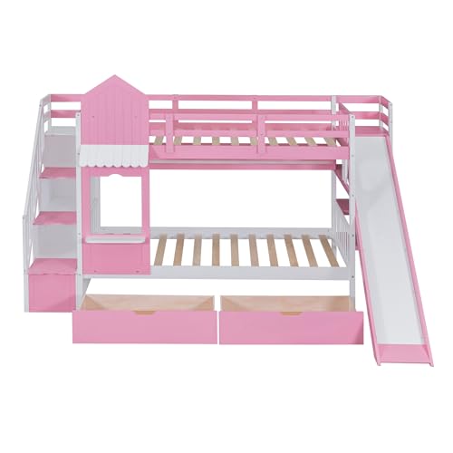 Kids Bunk Bed with Stairs and Slide, Wood Twin Over Twin Bunk Bed with Storage Drawers and Shelves, Castle Style Bunk Beds for Kids Teens Girls Boys