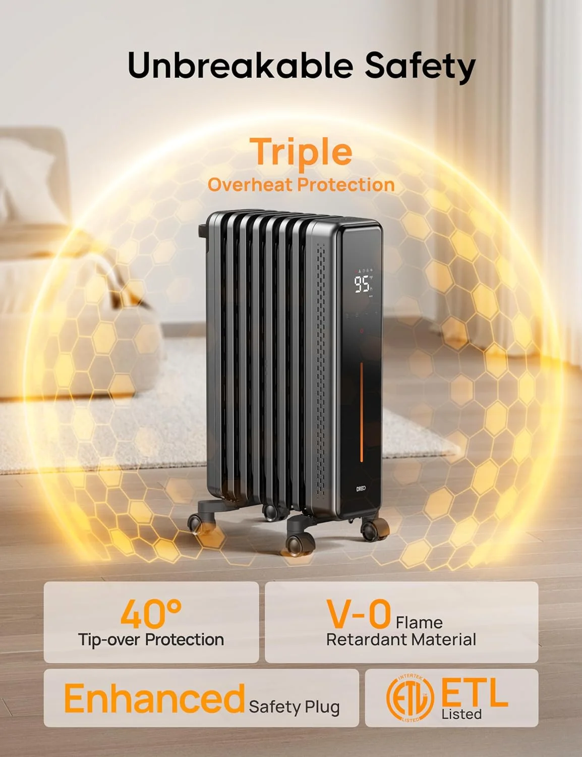 YINCHEN Oil Filled Radiator, 1500W Electric Radiant Heaters with Remote Control, 4 Modes, Overheat & Tip-Over Protection, 24h Timer, Quiet