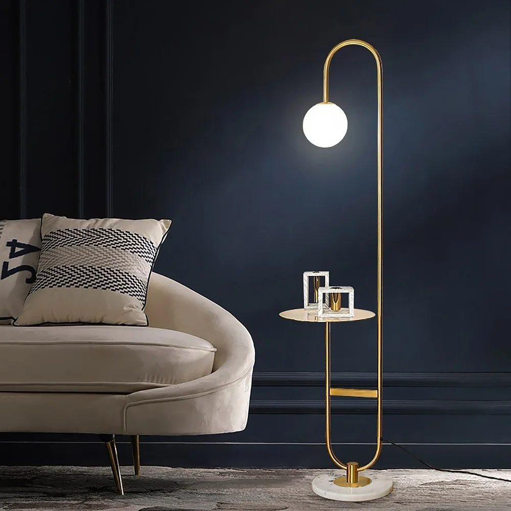 Homary 60" Modern Arc Floor Lamp with Shelf in Gold with Glass Shade & Marble Base for Living room Bedroom and Game Room