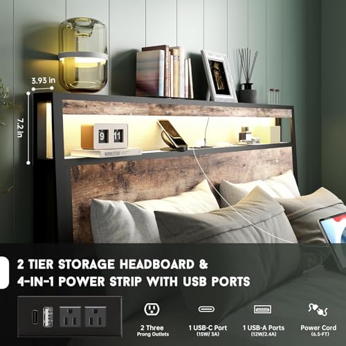 King Size Bed Frame with 4 Storage Drawers and Headboard with Charging Station and LED Lights,2 Tier Solid Wood Headboard Storage,Noise Free
