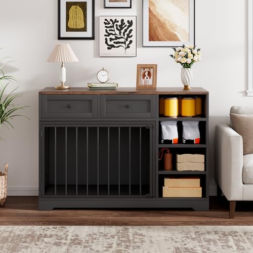 IDEALHOUSE 47” Large Dog Crate, Dog Kennel Indoor with 2 Drawers and 4 Shelves, Dog Crate Furniture TV Stand, Wooden Dog Cage for Medium Large Dogs