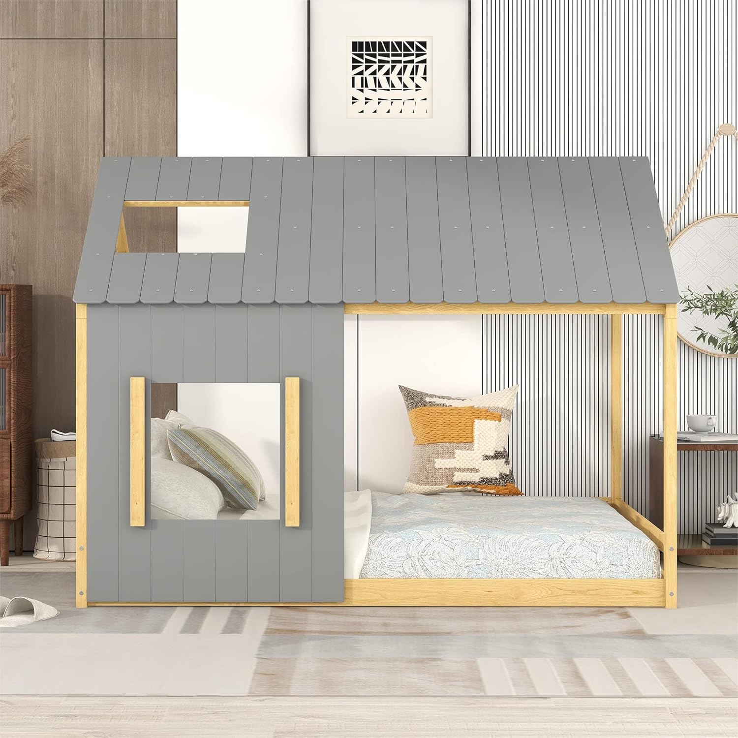 Bellemave House Bed Full Size Montessori Style Floor Bed Frame Wood Kids Cabin Beds Fun Playhouse Bed with Roof and Window for Girls Boys Teens