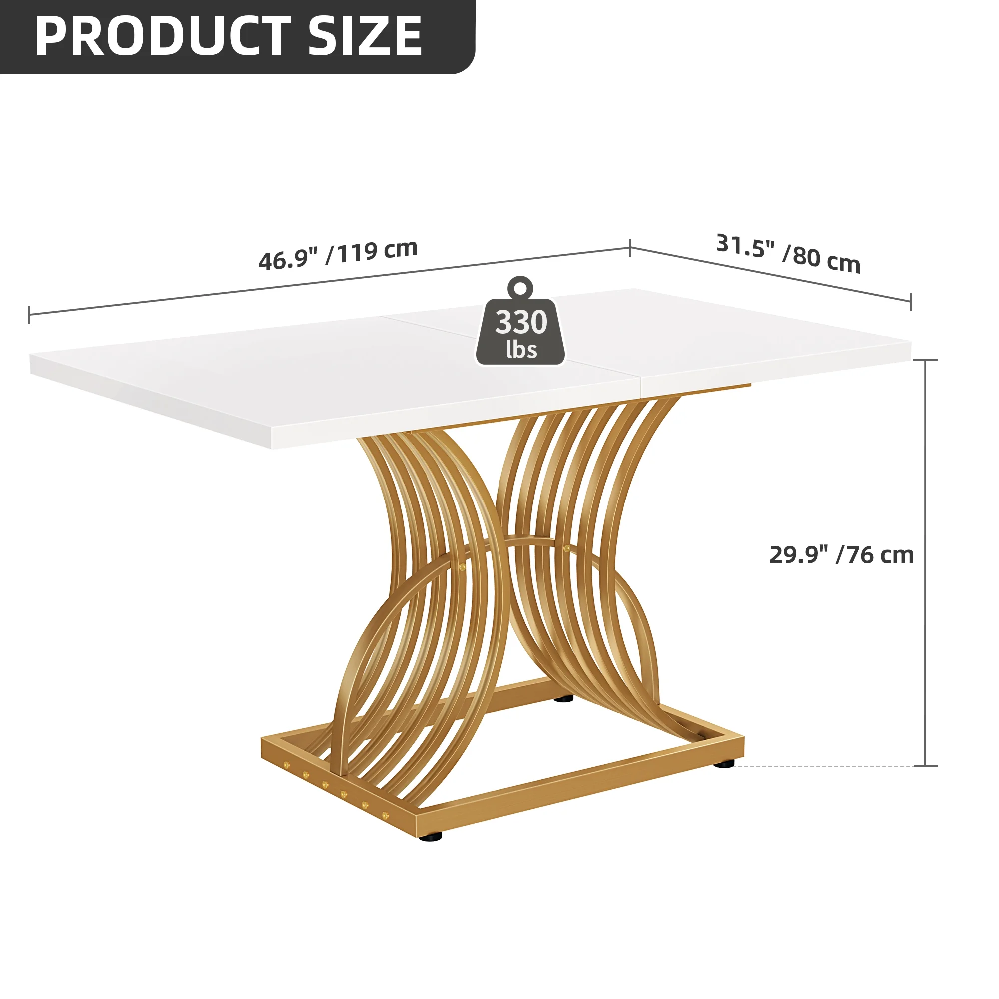Dextrus 46.9" Modern Gold Dining Table, Rectangular Elegant Dinner Room Table Kitchen Table for 4-6 People Seats,Living Room, White & Gold