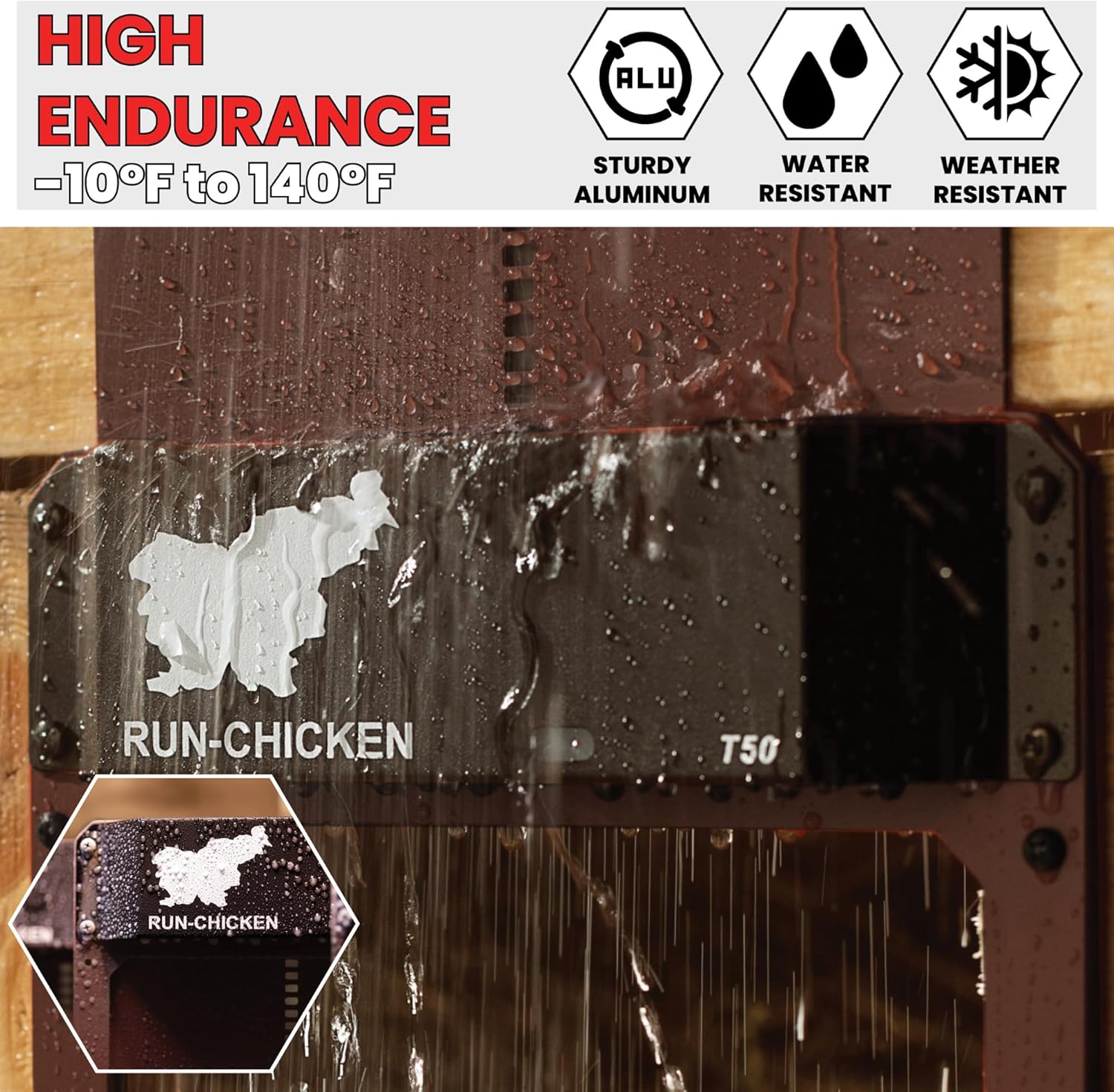 RUN-CHICKEN Door (Brown) Automatic Chicken Coop Door, Programmable with App, Battery Operated, Evening and Morning Delay, Aluminum Door