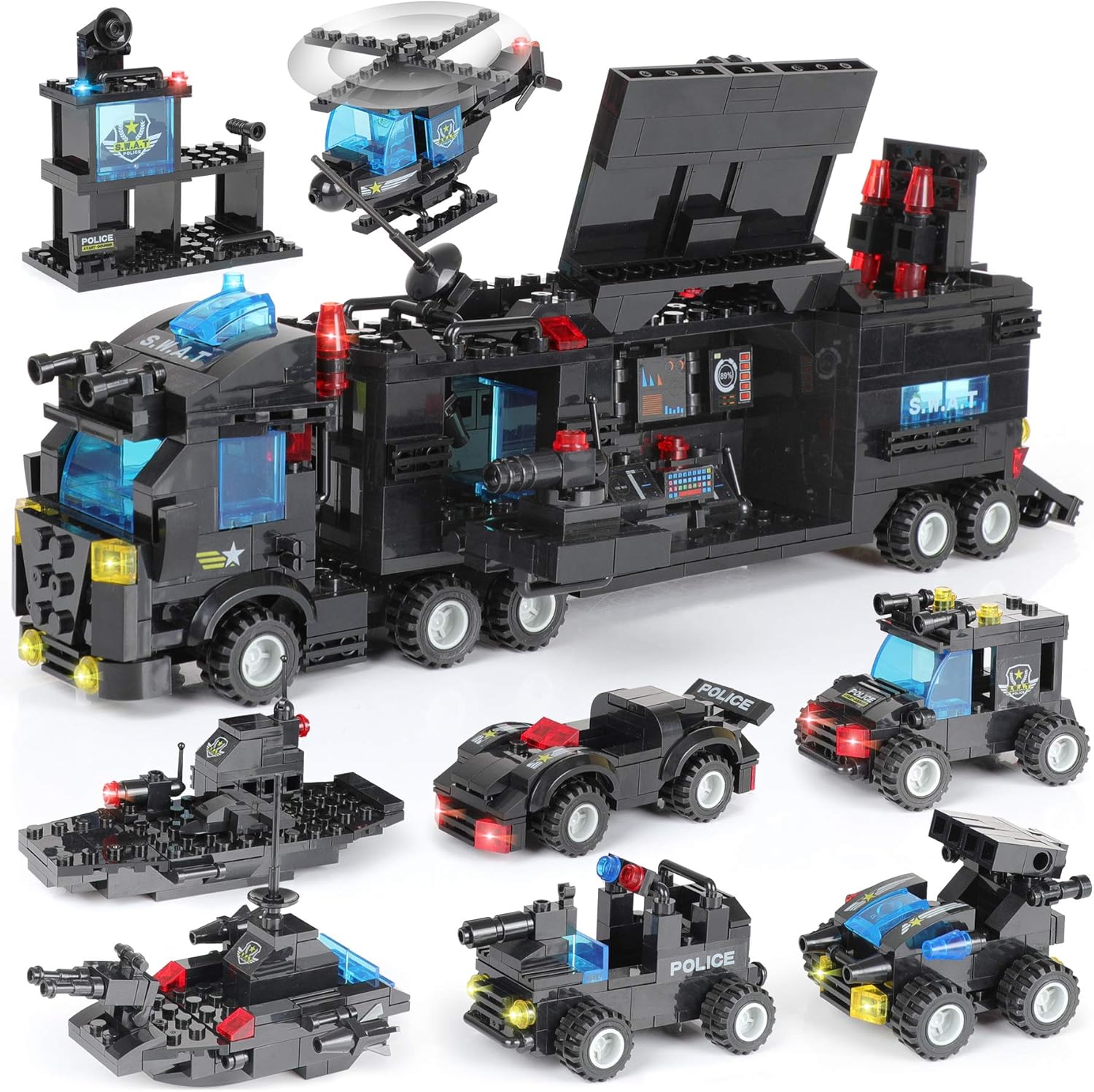 1110 PCS SWAT City Police Station Mobile Command Center Truck Car Building Blocks Set in 25 Different Models Police Cars, Helicopter, Boat