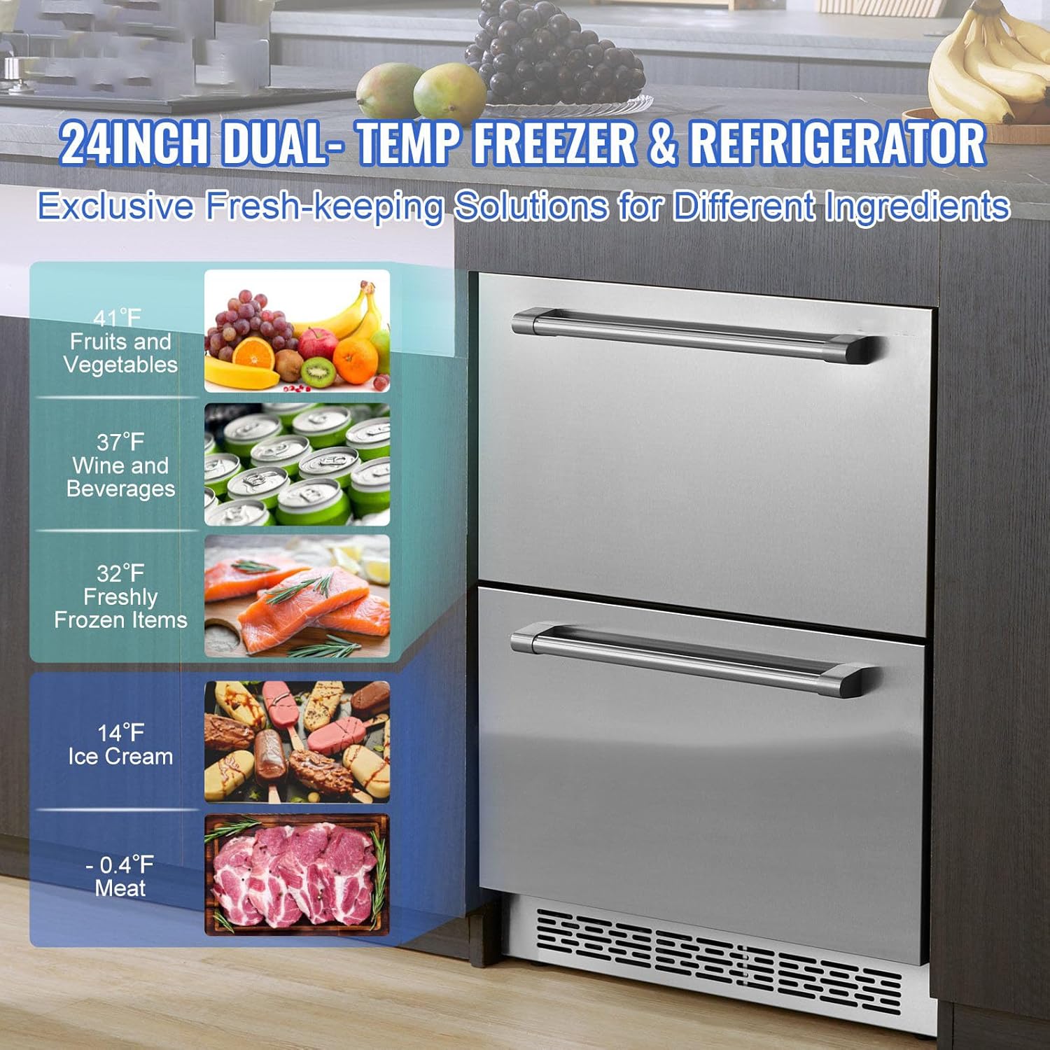 24 inch Undercounter Refrigerator, 2 Drawer Refrigerator with Different Temperature, 4.87 Cu.ft. Capacity - for Home and Commercial Use
