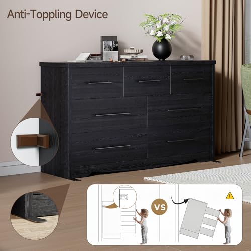 Black 7 Drawer Dresser for Bedroom, 55" Modern Dresser with 7 Deep Drawers, Wooden Chest of Drawers with Metal Handles, Clothes Organizer for Hallway