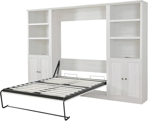 MERITLINE Queen Size Murphy Bed with Storage Bookcase Shelves,Cabinet and Charging Station,Wood Folding White Murphy Wall Bed