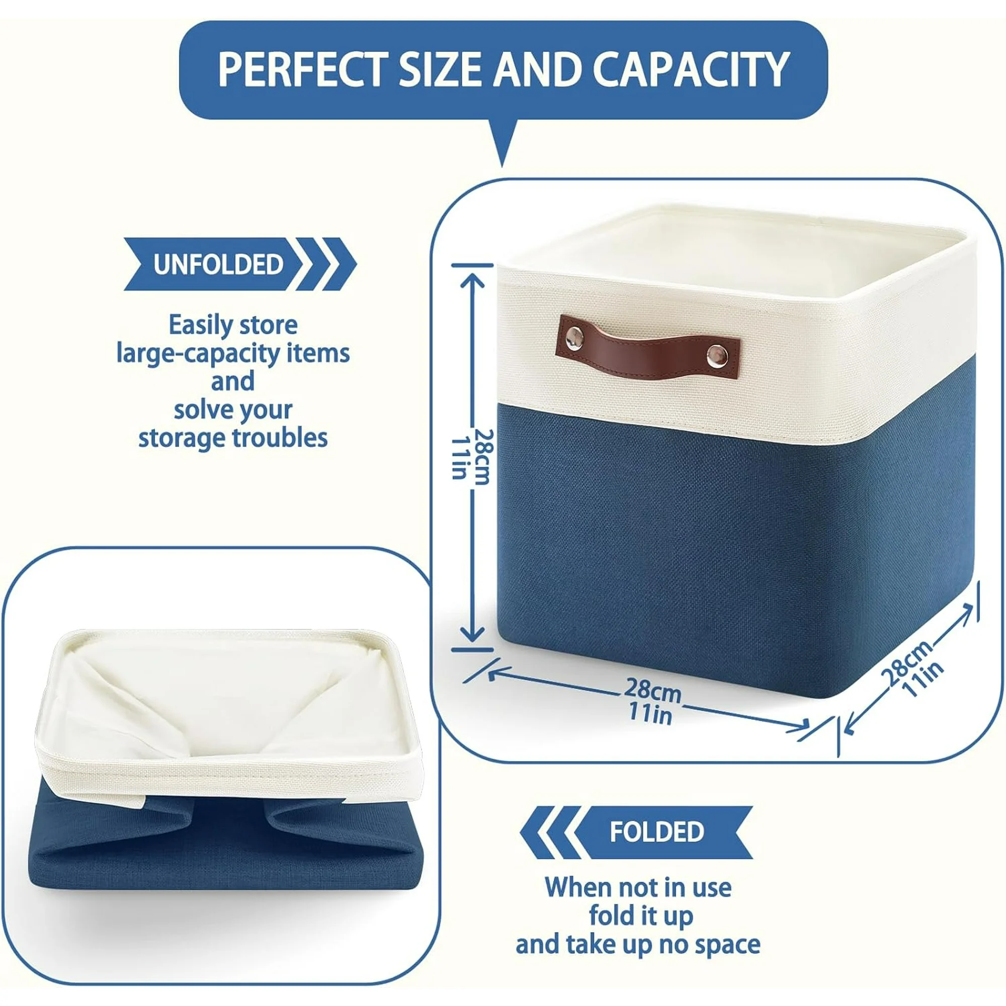 Collapsible Fabric Cube Storage Bins 11x11×11, Pack of 6 Closet Basket Boxes with PU Handles for Organizing Shelves, Toys, Clothes, Home, Laundry
