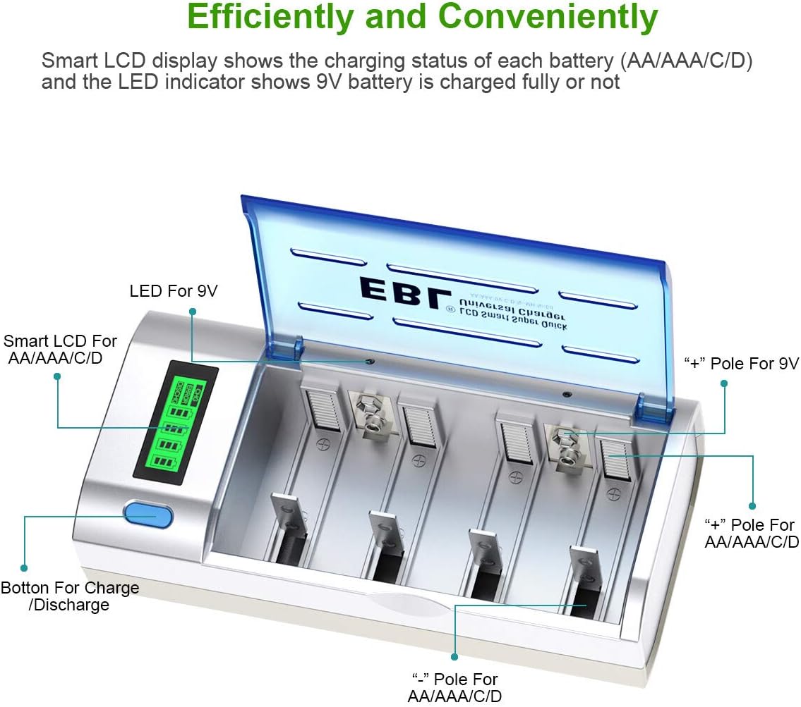 EBL D Cells 10000mAh Rechargeable Batteries (4 Counts) with C D 9V AA AAA Battery Charger Pack of 2
