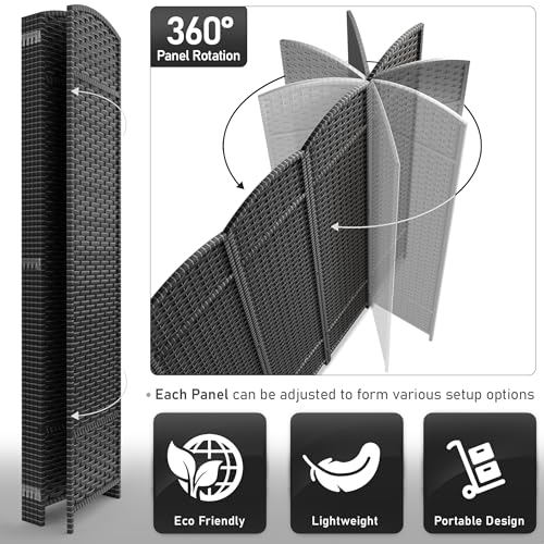 Sorbus 8-Panel Black Room Divider with Double Hinged Panels, 6 ft Tall Folding Privacy Screen