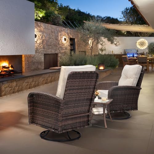 3 Piece Rattan Wicker Bistro Set, Outdoor Conversation Furniture Set with Glass Top Table, Space Saving for Balcony, Backyard, Natural