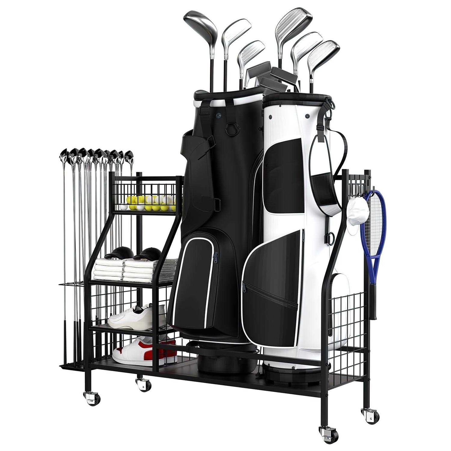 HoneySky Golf Storage Organizer for Garage Double Golf Bag Stand Storage Rack with Lockable Wheels - Sports Supplies Online Store