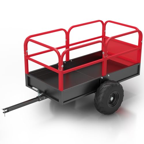 Heavy Duty ATV Trailer Dump Car, Utility Steel Yard Trailer, 1700-Pound Capacity Garden Dump Carts, Hand Pull or Foot Pedal Dump Cart for ATV, UTV