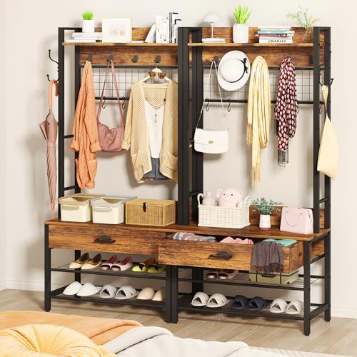 DKLGG Hall Tree with Bench and Shoe Storage for Entryway, 5-in-1 Coat Rack with Shoe Storage, Wood Look Accent Shoe and Coat Rack