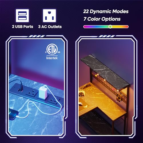 Bestier 42 L Gaming Desk,Computer Desk with Power Outlets, LED Lights, Reversible Corner Desk with 4-Tier Shelves,Cup Holder & Hook Carbon Fiber Black