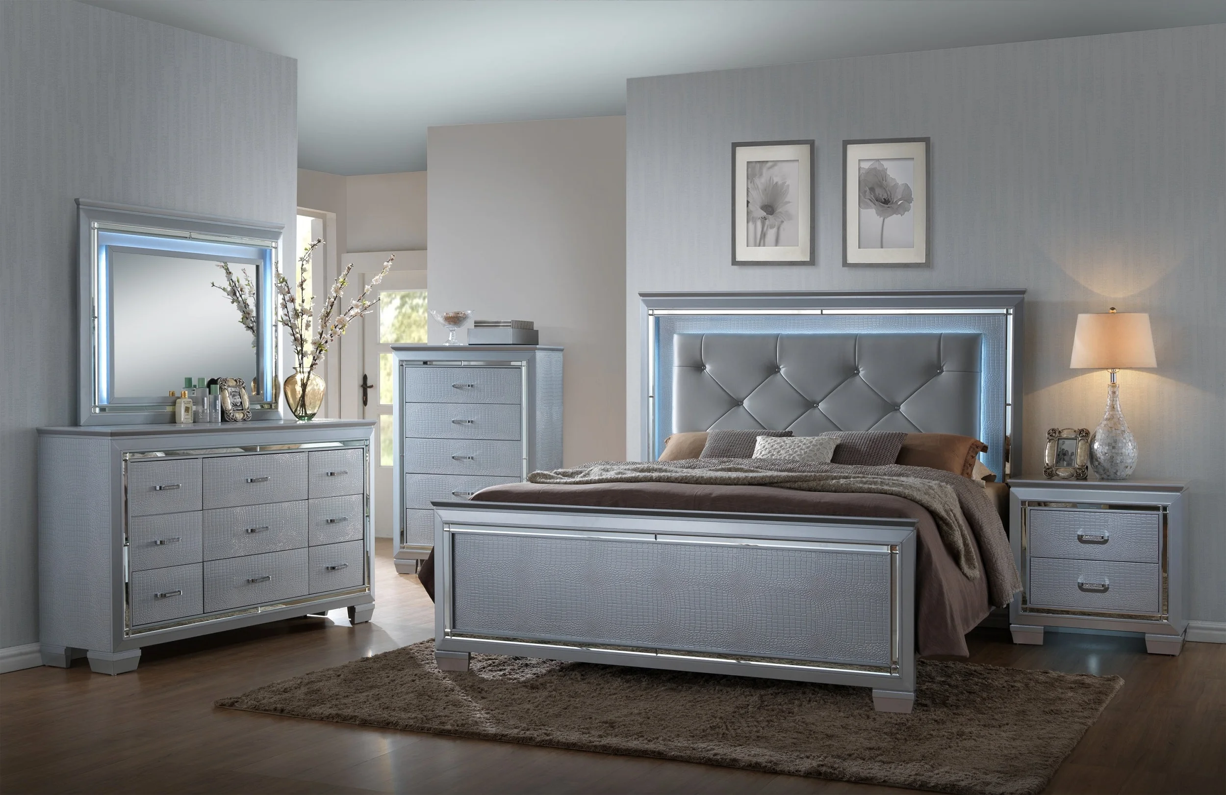 Contemporary Silver Finish 6pc King Size LED Backlit Upholstered HB Bed Dresser Mirror Nightstand Chest Wooden Bedroom Furniture Set