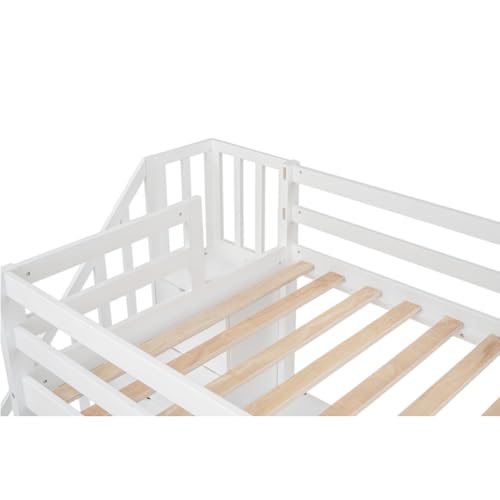 Loft Bed Twin Size, Twin Loft Bed with Desk and 2 Drawers, Storage Stairs, High Guardrail, Pine Frame, Space Saving, Wood Loft Bed for Bedroom (Gray)