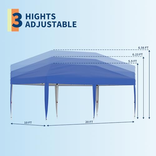 10x20 Pop Up Canopy - Easy Up Camping Tent with One Roller Bag, 3 Adjustable Height, 4 Weight Bags for Deck, Garden, Sports, Beach, Party - White