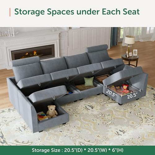 HONBAY Modular Sofa Sectional Sleeper Couch with Ottomans Reversible Sleeper Sectional Sofa Modular Couch with Storage, Aqua Blue