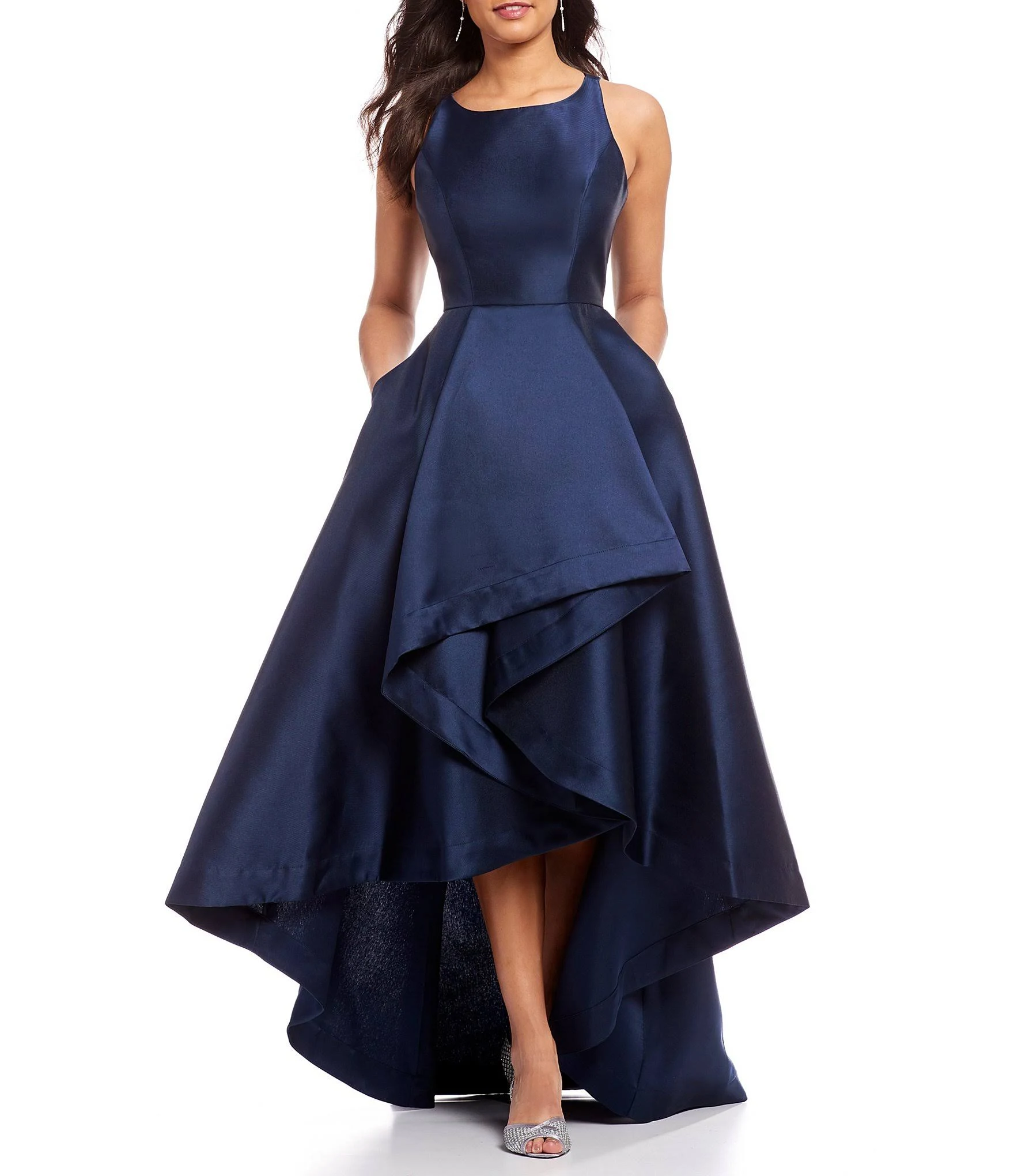 Adrianna Papell High Low Mikado Gown with Asymmetrical Detail, Navy, Size: 18