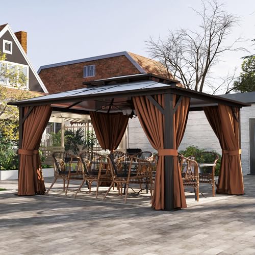Aoxun 12'x14' Hardtop Gazebo, Aluminum Frame Permanent Pavilion with Curtains and Netting, Outdoor Polycarbonate Double Roof Canopy