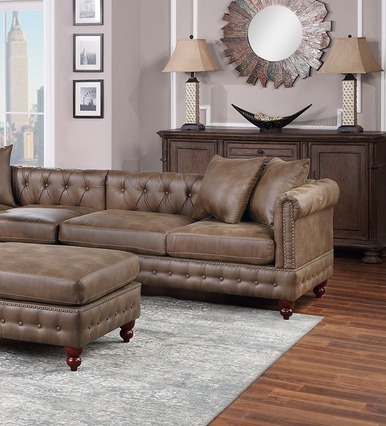 Dark Coffee Breathable Leatherette Solidwood Sectional 4pc Set Reversible Chaise Ottoman Tufted Couch Pillows Living Room