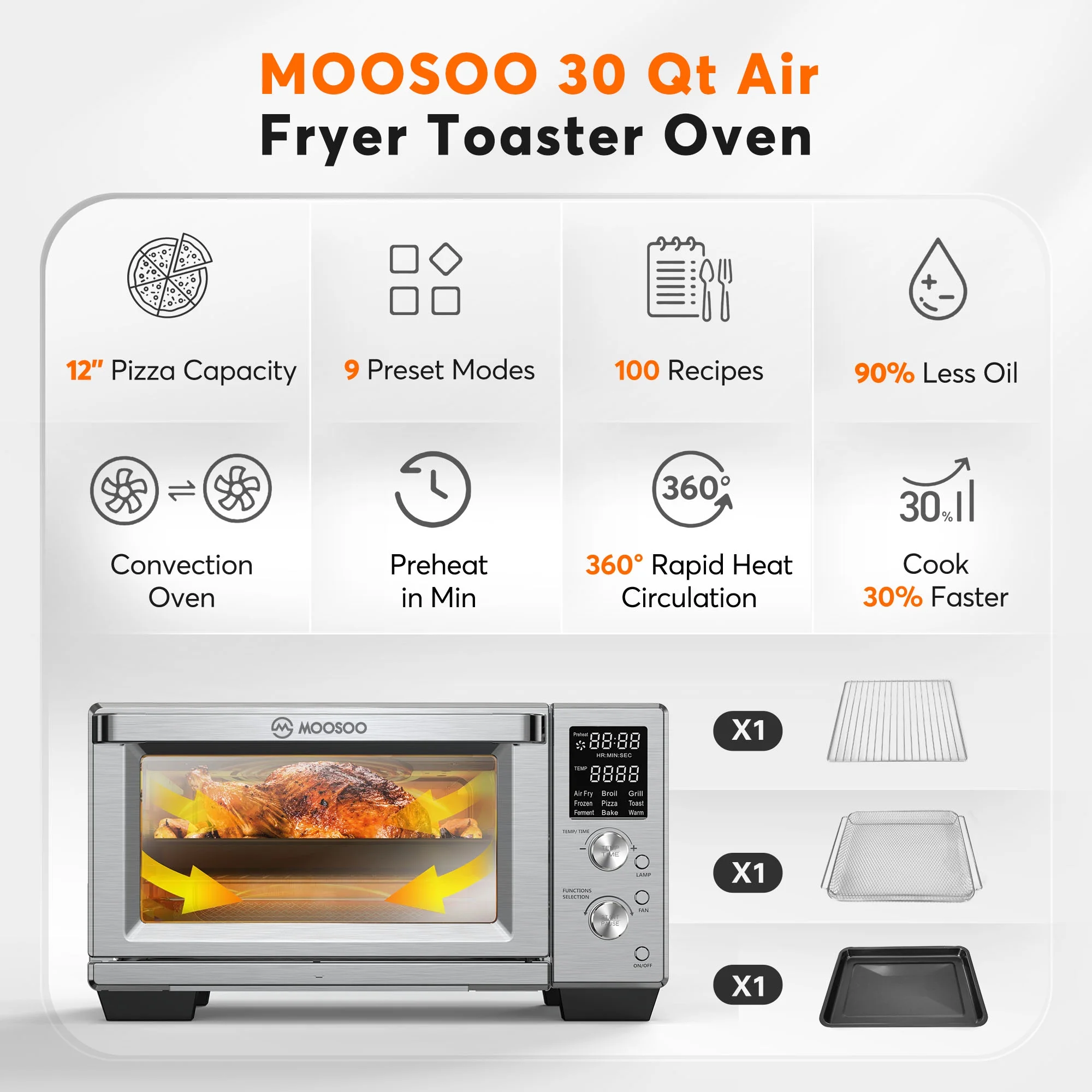 MOOSOO 30Qt Air Fryer Toaster Oven, Stainless Steel Air Fryer Oven, Knob Control, 9 Air Frying Preset Modes