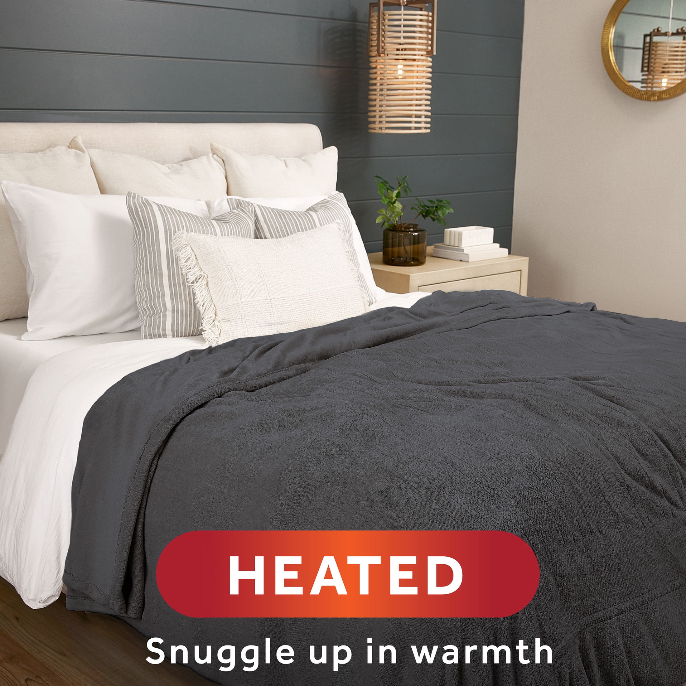 Sunbeam Dark Shadow Nordic Premium Electric Heated King Size Blanket, 100" x 90", 12 Heat Settings, 12-Hour Selectable Auto-Off, Machine Washable
