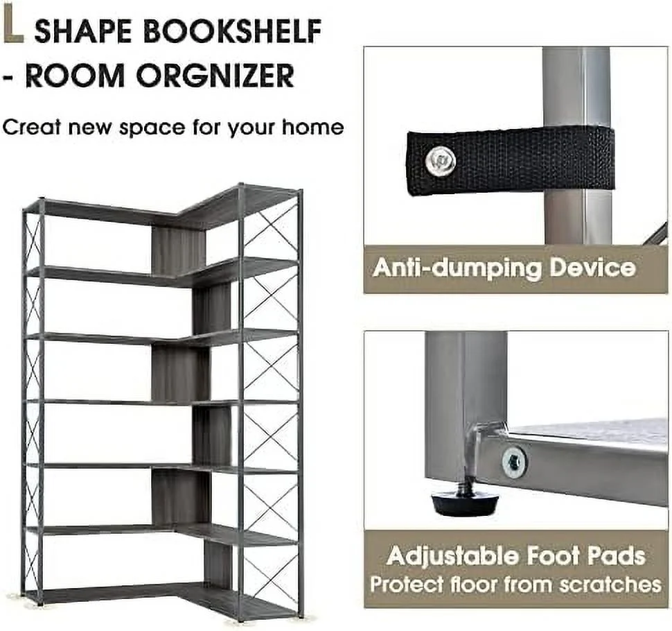 Bookcase 7- Tall Corner Bookshelf  Floor Standing L-Shaped Organizer Book  with Open   Metal Frame for Home Office