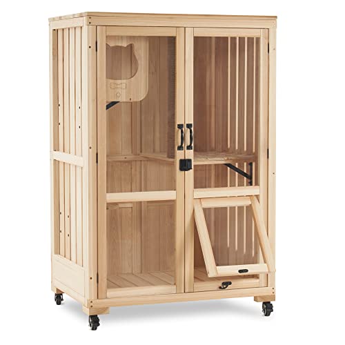 MCombo Luxury Cat House with Scratching Post, Wooden Multi Feature Large Cat Condo with Escape Door and Wheels