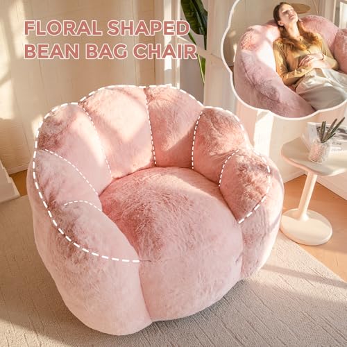 MAXYOYO Bean Bag Chair for Adults, Floral Shaped Bean Bag Sofa, Ultra Soft Faux Fur Floor Sofa, Large Reading Chair for Living Room Bedroom, Beige
