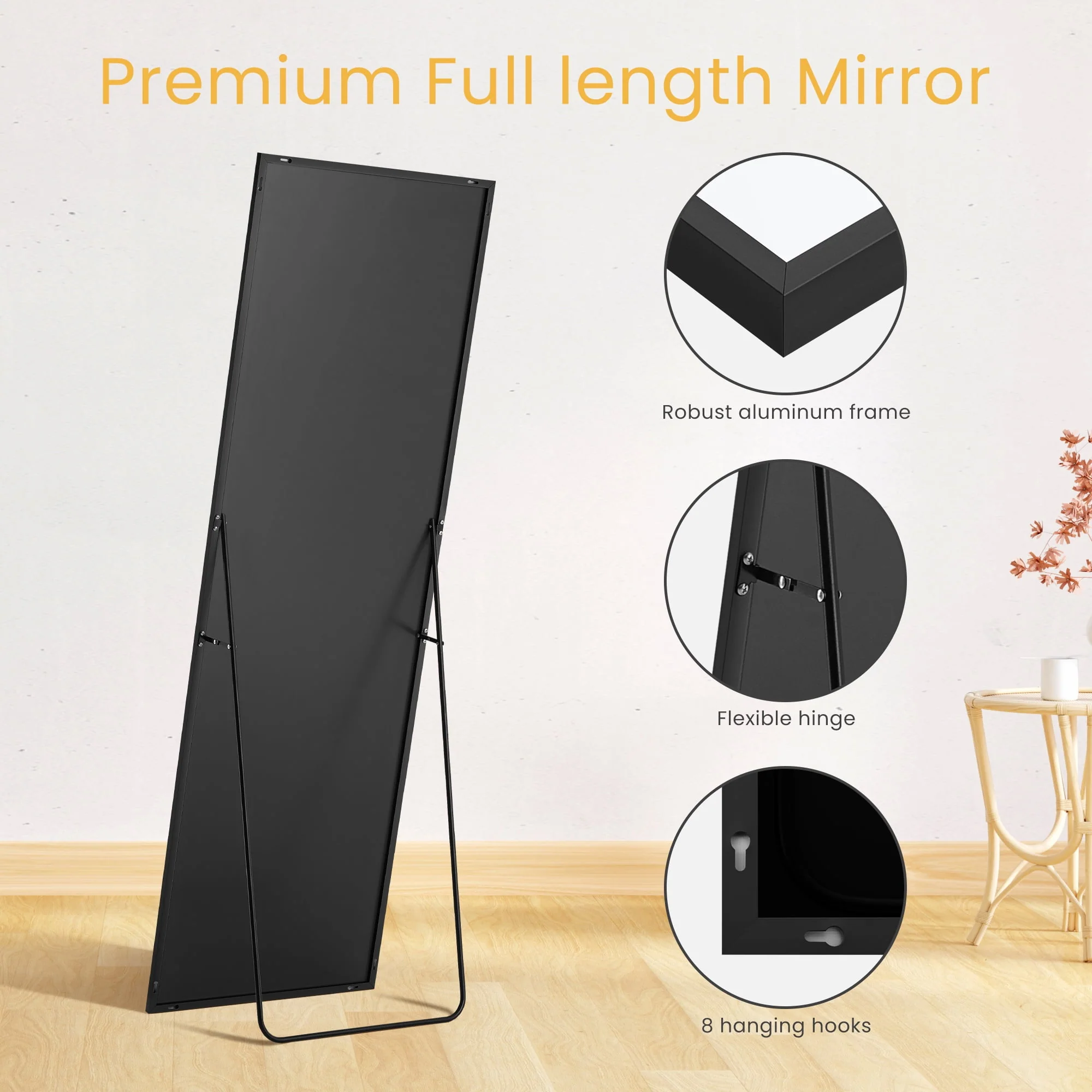EDX Full Length Mirror 64x21 Full Body Mirror Rectangle Free Standing Wall Mounted Leaning Hanging Floor Mirrors, Black