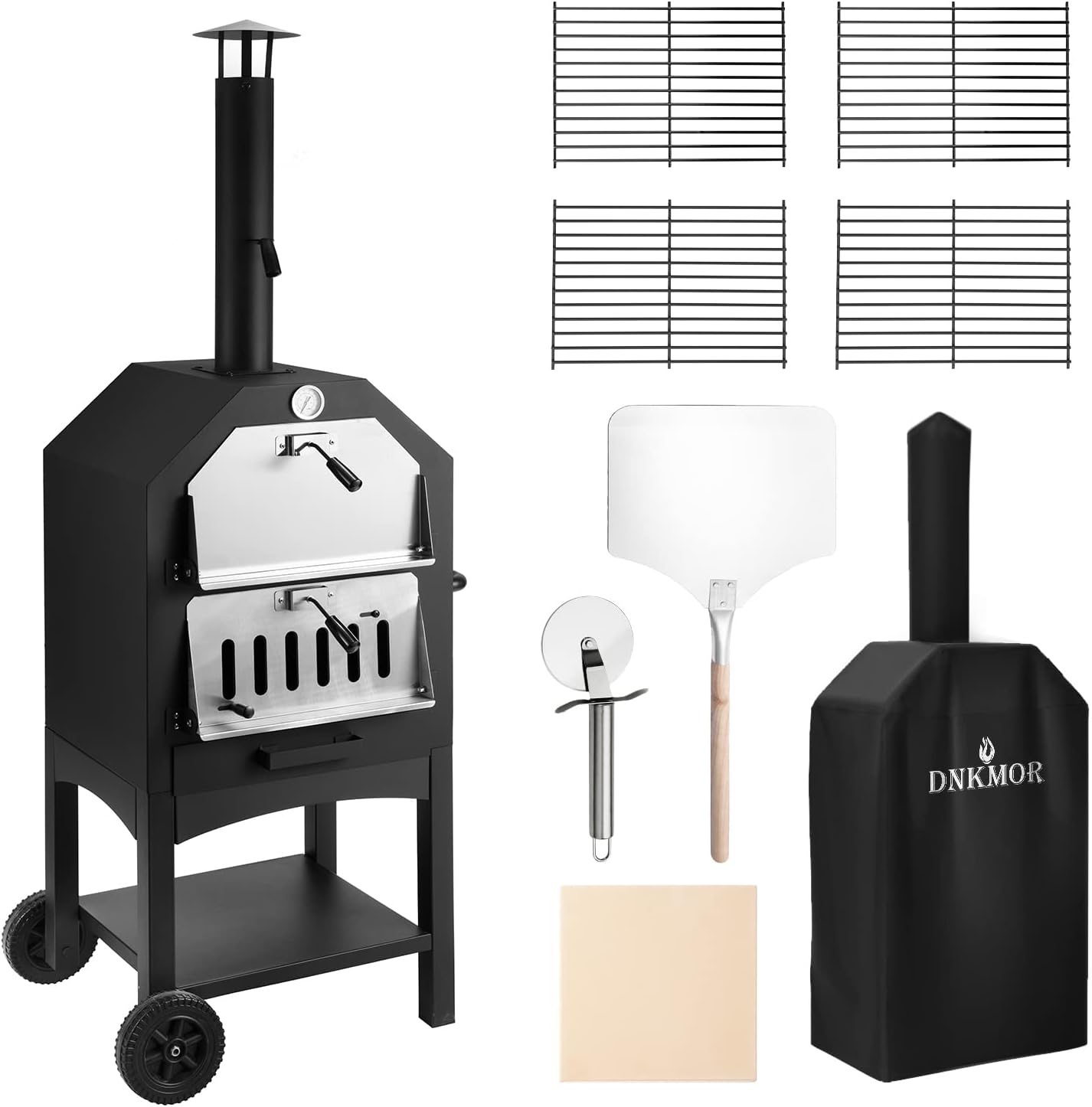 Outdoor Pizza Oven Wood Fire Wood Fired Pizza Oven for Outside with Waterproof Cover, 12" Pizza Stone, Pizza Spatula and 4pcs Grill Rack by DNKMOR
