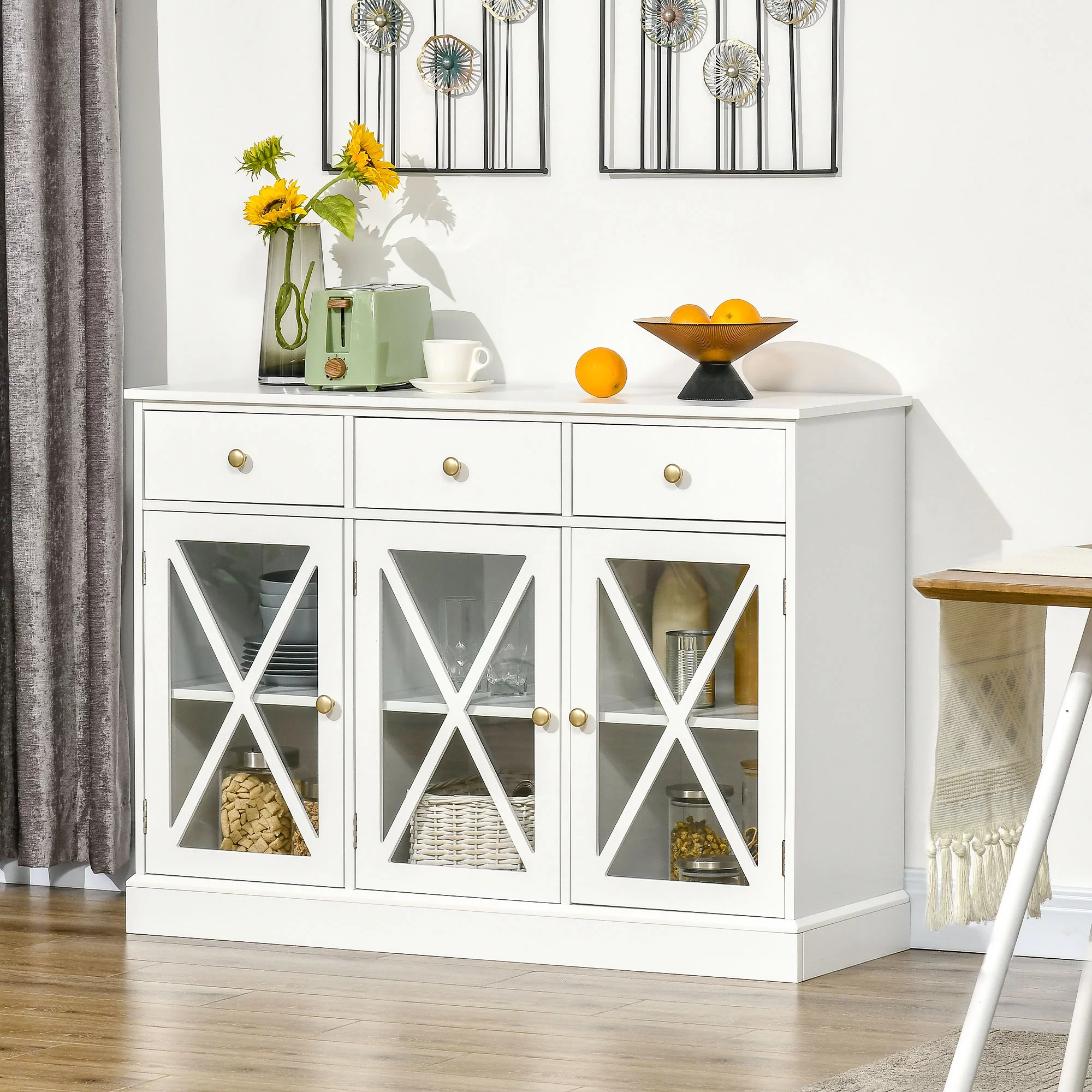 HOMCOM 45" Farmhouse Sideboard Buffet Cabinet with Glass Doors and 3 Drawers, White
