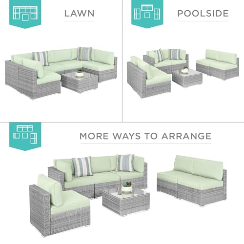 Best Choice Products 7-Piece Modular Outdoor Sectional Wicker Patio Conversation Set w/ 2 Pillows, Coffee Table, Cover Included - Gray/Navy