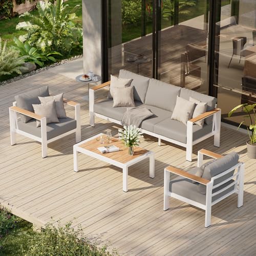 Aluminum Outdoor Patio Furniture Set with Coffee Table, 4 Piece Patio Conversation Sets with Washable Thick Cushions