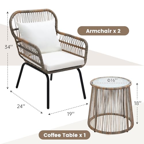 3 Piece Rattan Wicker Bistro Set, Outdoor Conversation Furniture Set with Glass Top Table, Space Saving for Balcony, Backyard, Natural