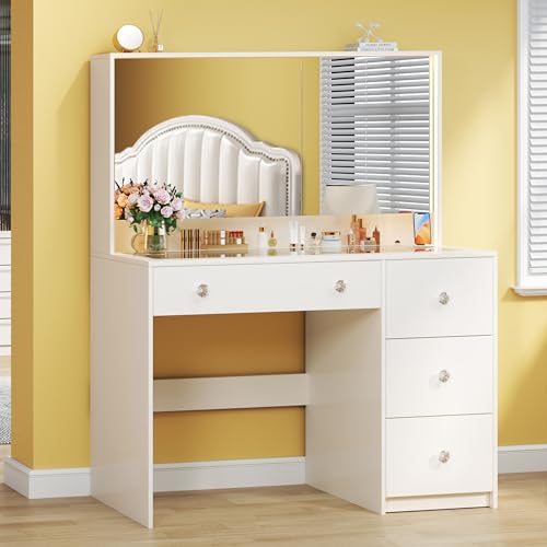 Vanity Desk with Mirror and Lights, 50" Makeup Vanity with Glass Top & Power Outlet, White Vanity with 11 Drawers & 8 Hidden Storage Shelves
