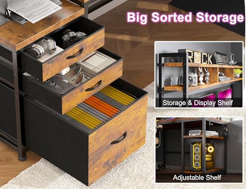 EnHomee Large L Shaped Gaming Desk with Hutch and Drawers, 64" W Reversible Computer Desk with Storage Shelves