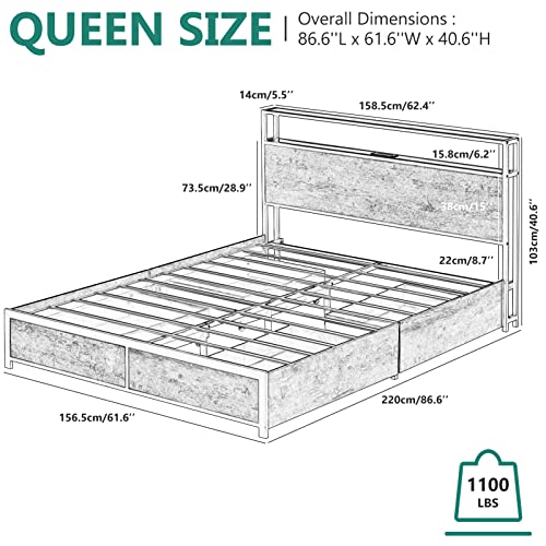Gitua Full Size Bed Frame with Storage Drawers - Led Lights and Charging Station Metal Bed Frame with Headboard