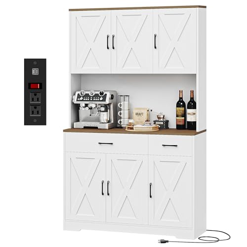 HOSTACK 71" Pantry Cabinet with Charging Station, Tall Kitchen Pantry Storage Cabinet with Microwave Stand