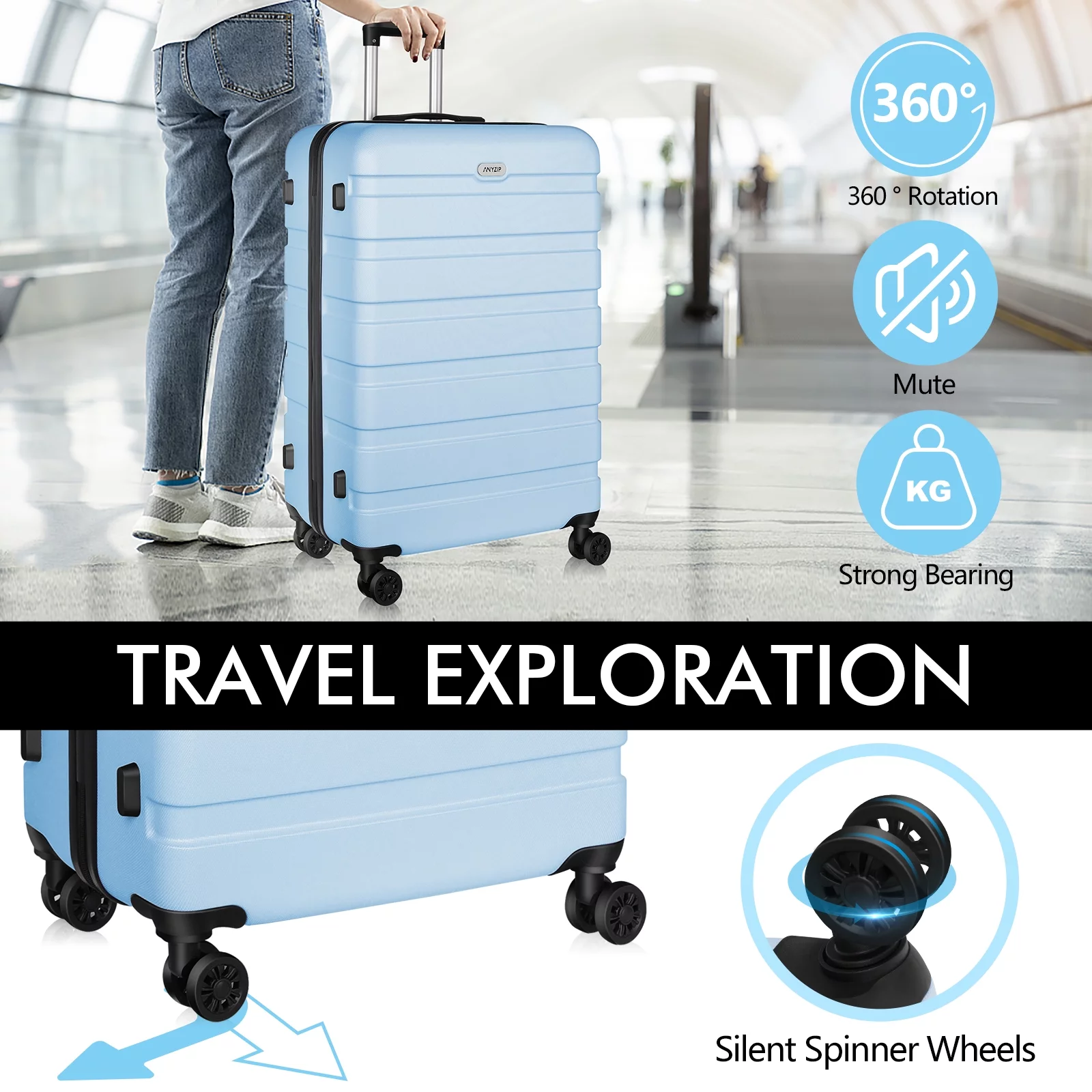 AMZFUN 3PCS Luggage Sets,PC+ABS Hardside Lightweight Suitcase with Silent Universal Wheels, TSA Lock Carry On Luggage 20/24/28 Inch LightBlue