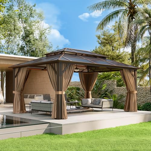 Aoxun 12'x10' Hardtop Gazebo, Aluminum Frame Permanent Pavilion with Curtains and Netting, Outdoor Polycarbonate Double Roof Canopy